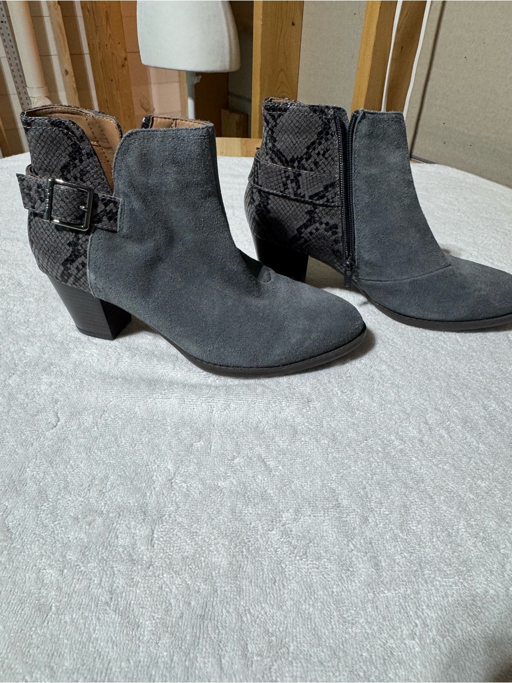 Vionic Gray Suede Ankle Booties with Snakeskin Heel Accent